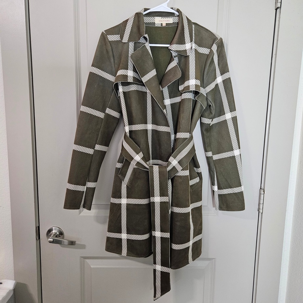 Solitaire Olive Green White Grid Trench Coat Belted Faux Suede Jacket Size S